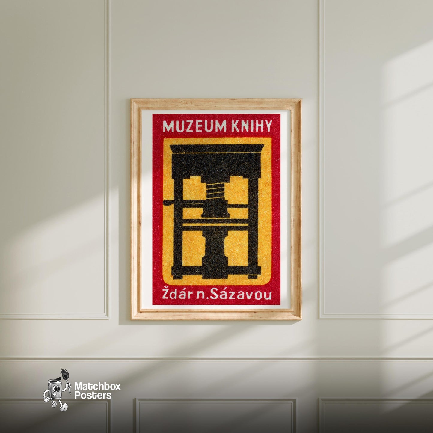 Hydraulic Press - vintage matchbox label print - bedroom mockup