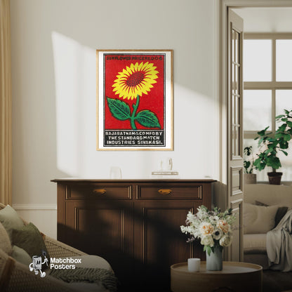 Sunflower - vintage matchbox label print - living room mockup