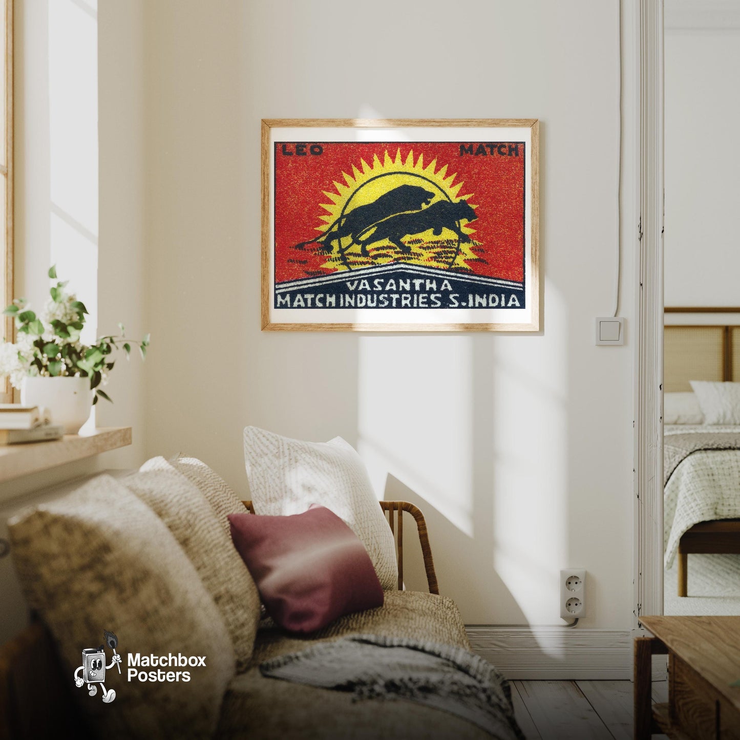 Running Lions - vintage matchbox label print - living room mockup