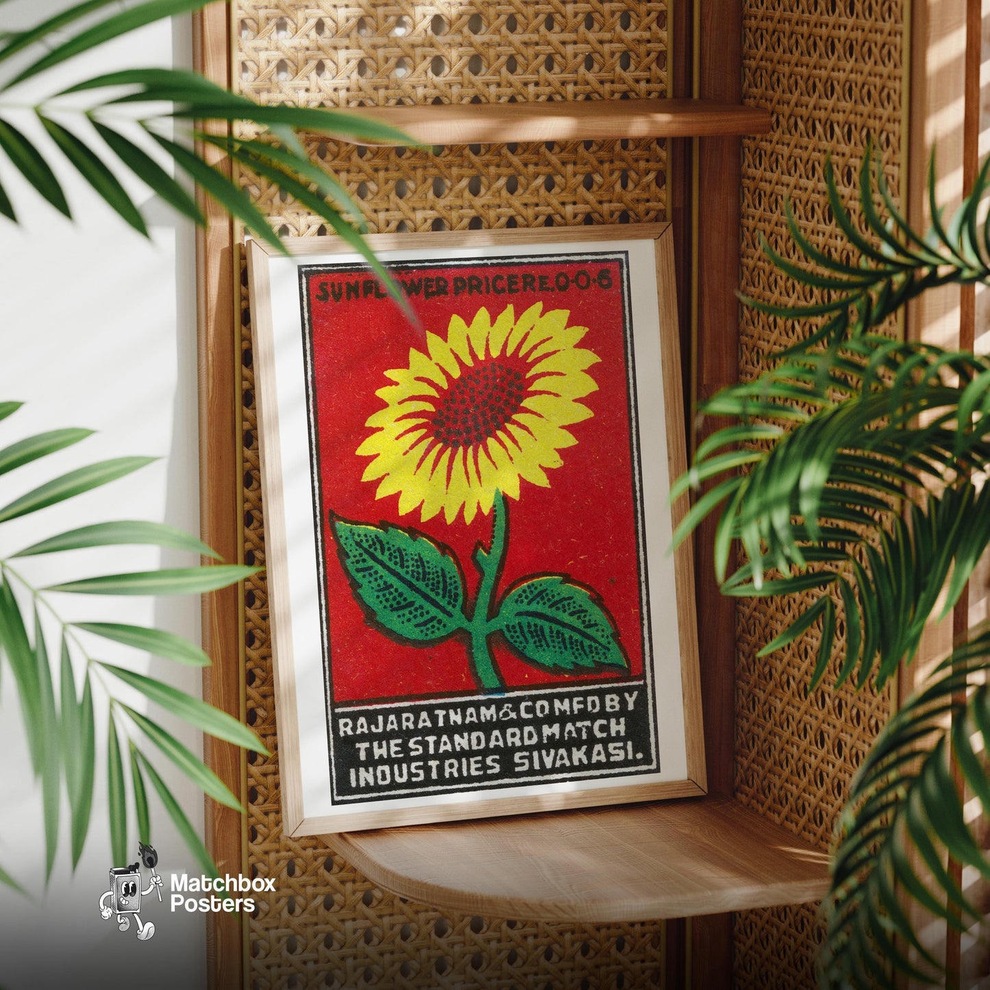 Sunflower - vintage matchbox label print - office wall