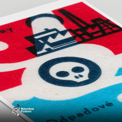 Water Pollution Skull - vintage matchbox label print - close-up detail
