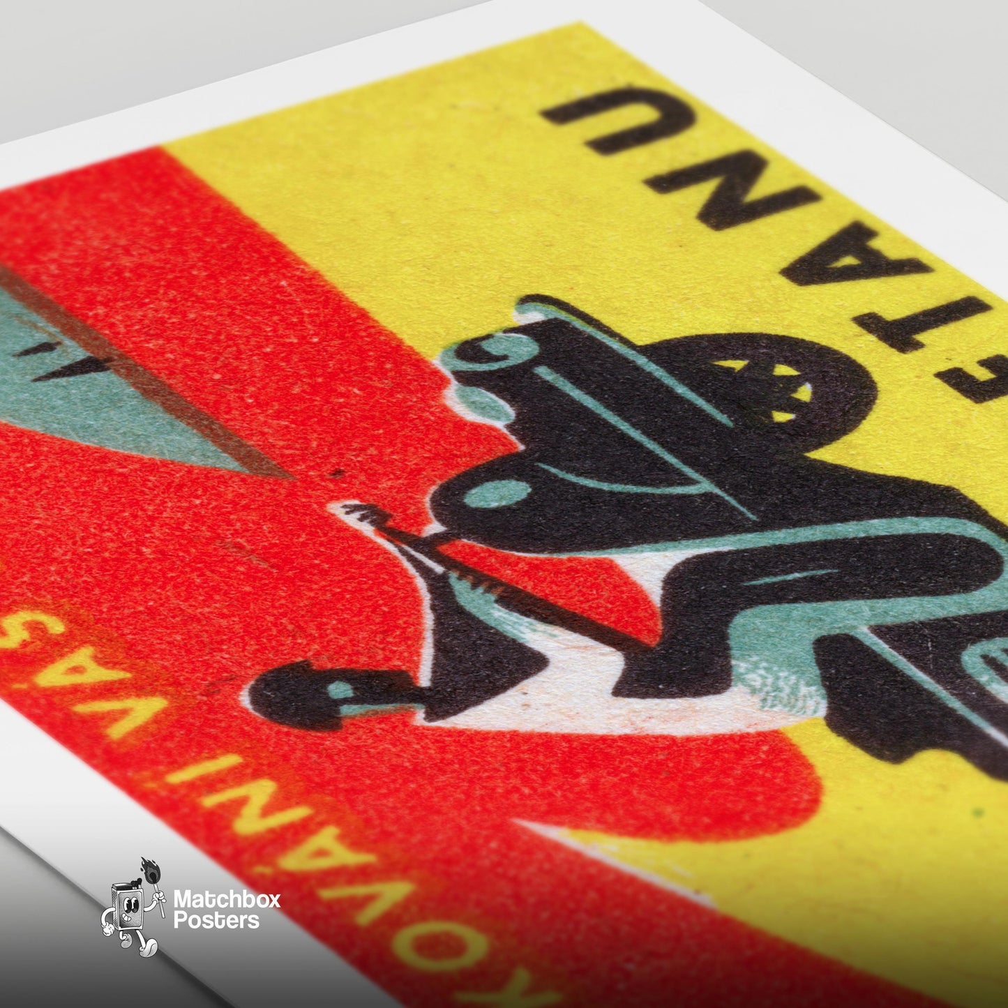 Person Riding A Motorcycle - vintage matchbox label print - close-up detail
