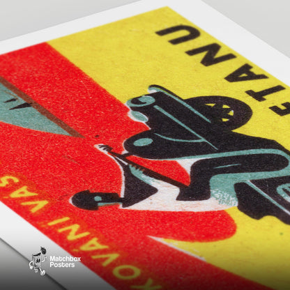 Person Riding A Motorcycle - vintage matchbox label print - close-up detail