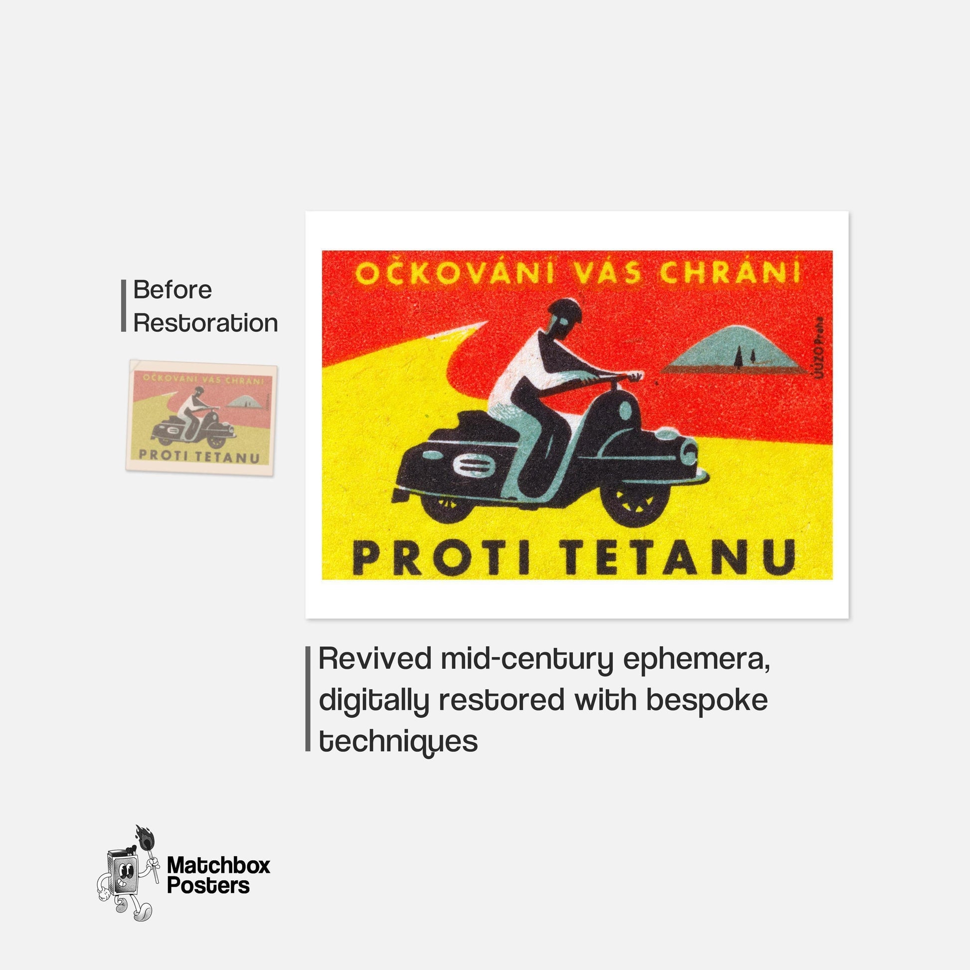 Person Riding A Motorcycle - vintage matchbox label print - framed wall art preview