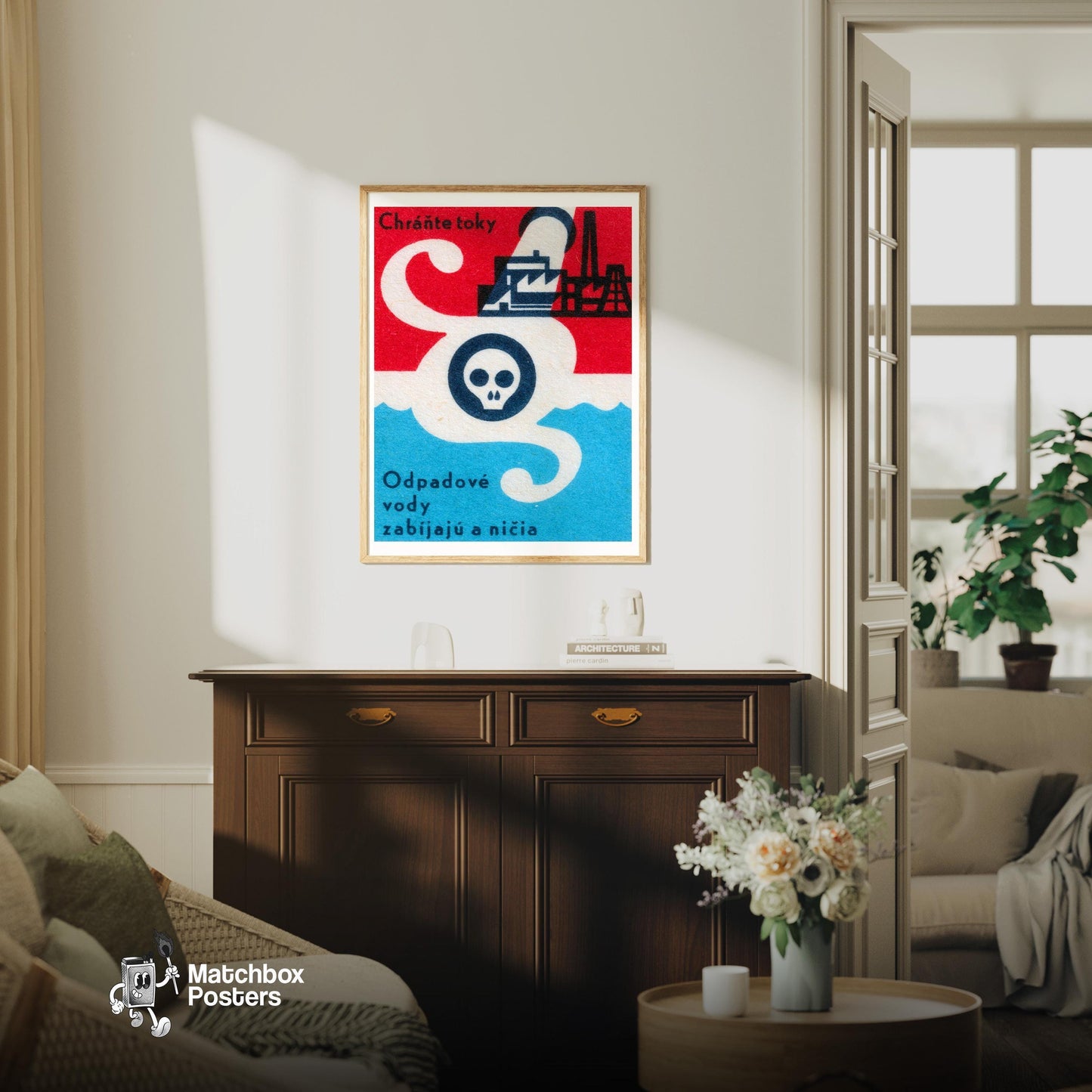 Water Pollution Skull - vintage matchbox label print - living room mockup