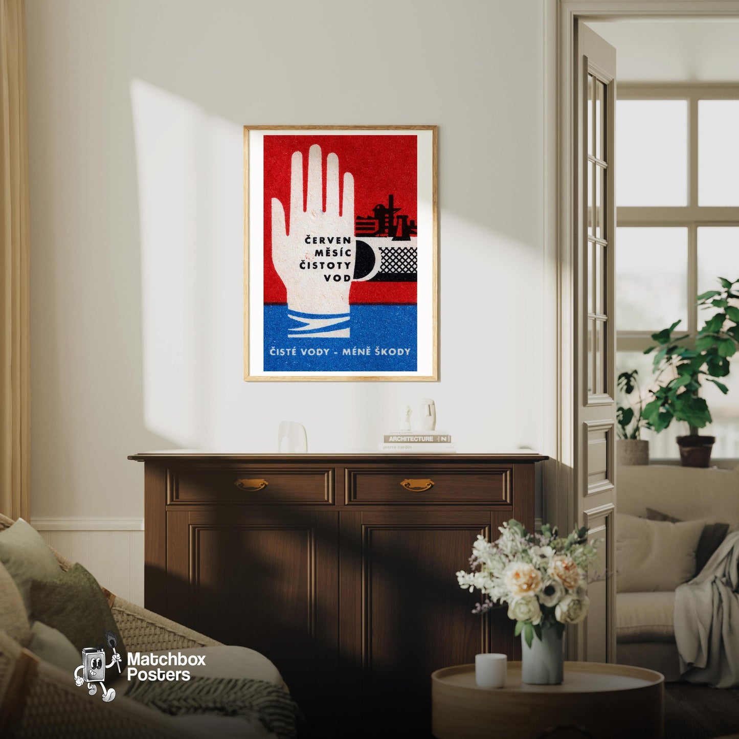 Stylized Hand - vintage matchbox label print - living room mockup