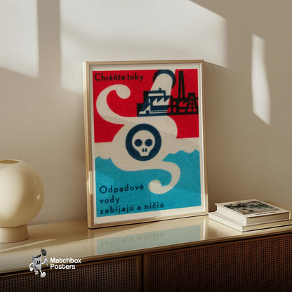 Water Pollution Skull - vintage matchbox label print - size comparison