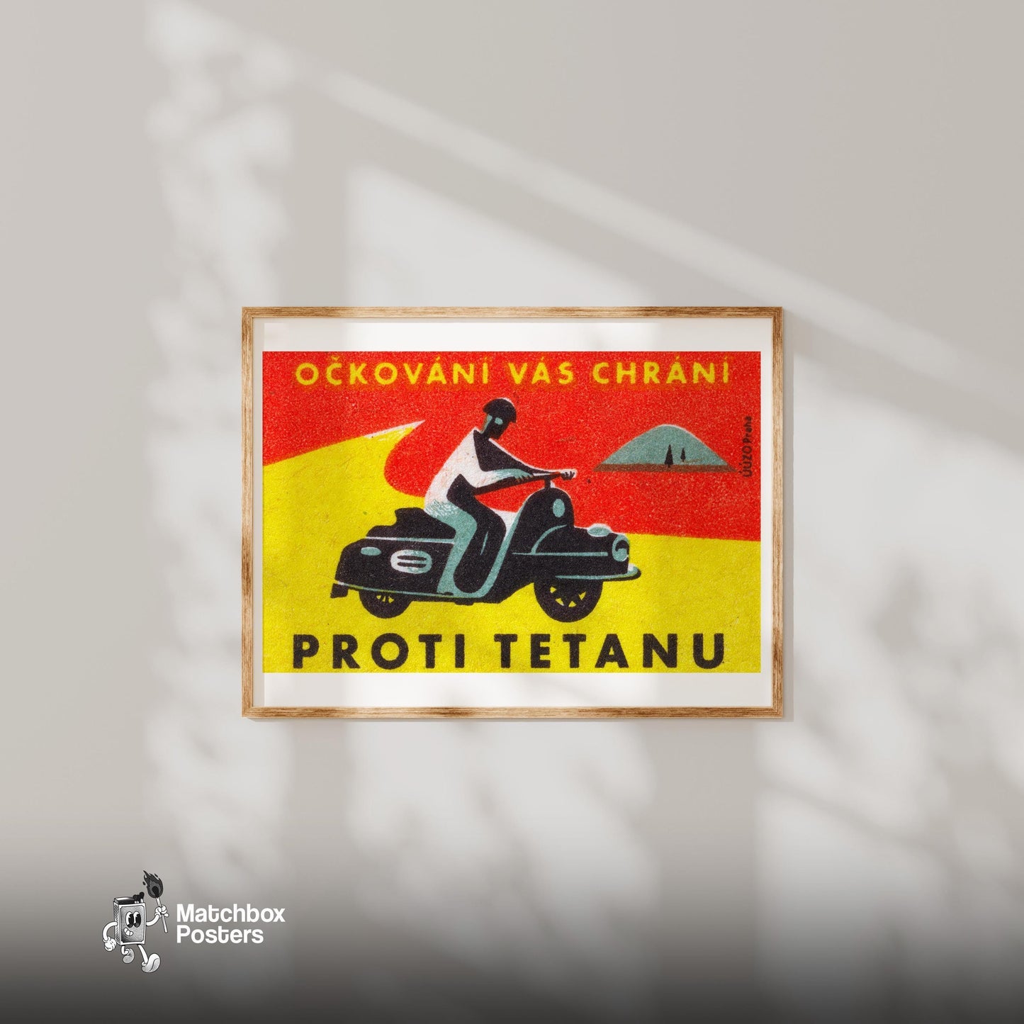 Person Riding A Motorcycle - vintage matchbox label print - bedroom mockup