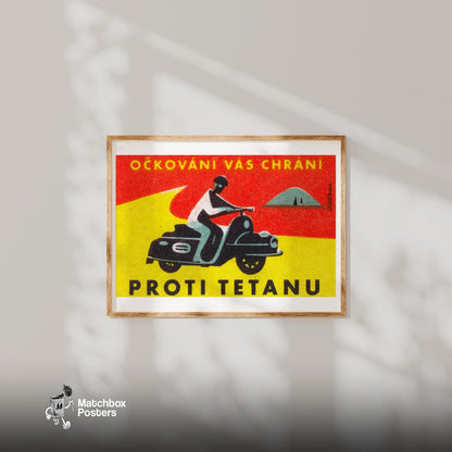 Person Riding A Motorcycle - vintage matchbox label print - bedroom mockup