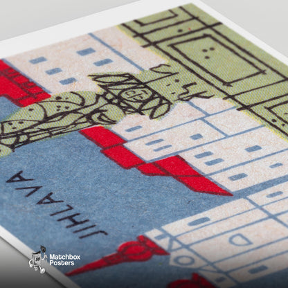 Jihlava Buildings - vintage matchbox label print - close-up detail