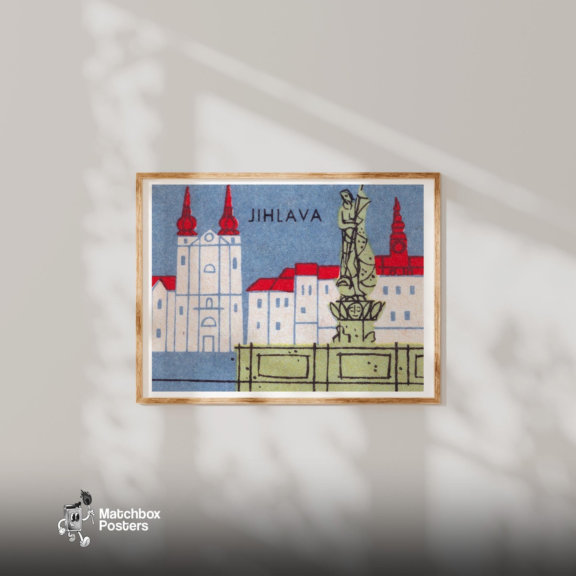 Jihlava Buildings - vintage matchbox label print - bedroom mockup