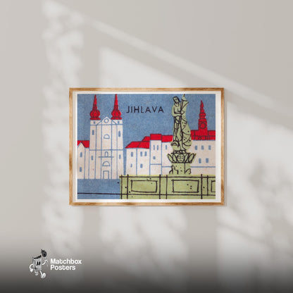 Jihlava Buildings - vintage matchbox label print - bedroom mockup