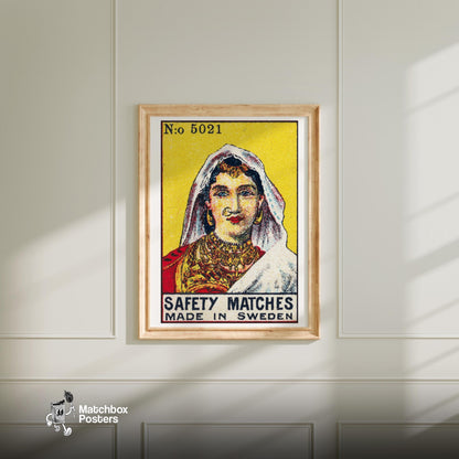 Indian Woman - vintage matchbox label print - bedroom mockup
