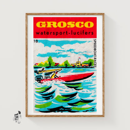 Speedboat Race - vintage matchbox label print