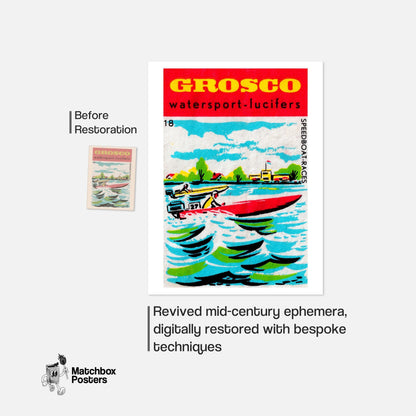 Speedboat Race - vintage matchbox label print - framed wall art preview