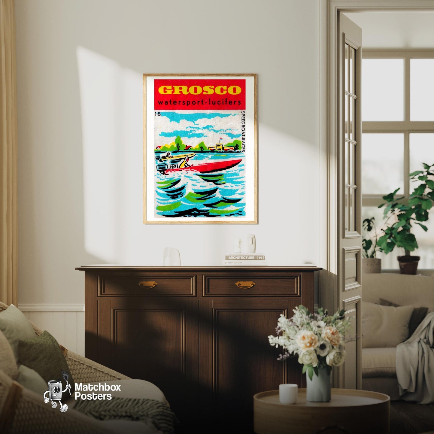Speedboat Race - vintage matchbox label print - living room mockup