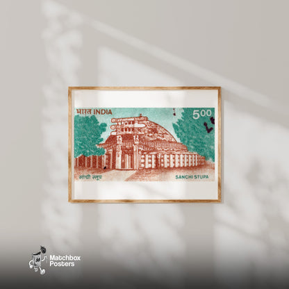 Sanchi Stupa - vintage matchbox label print - bedroom mockup