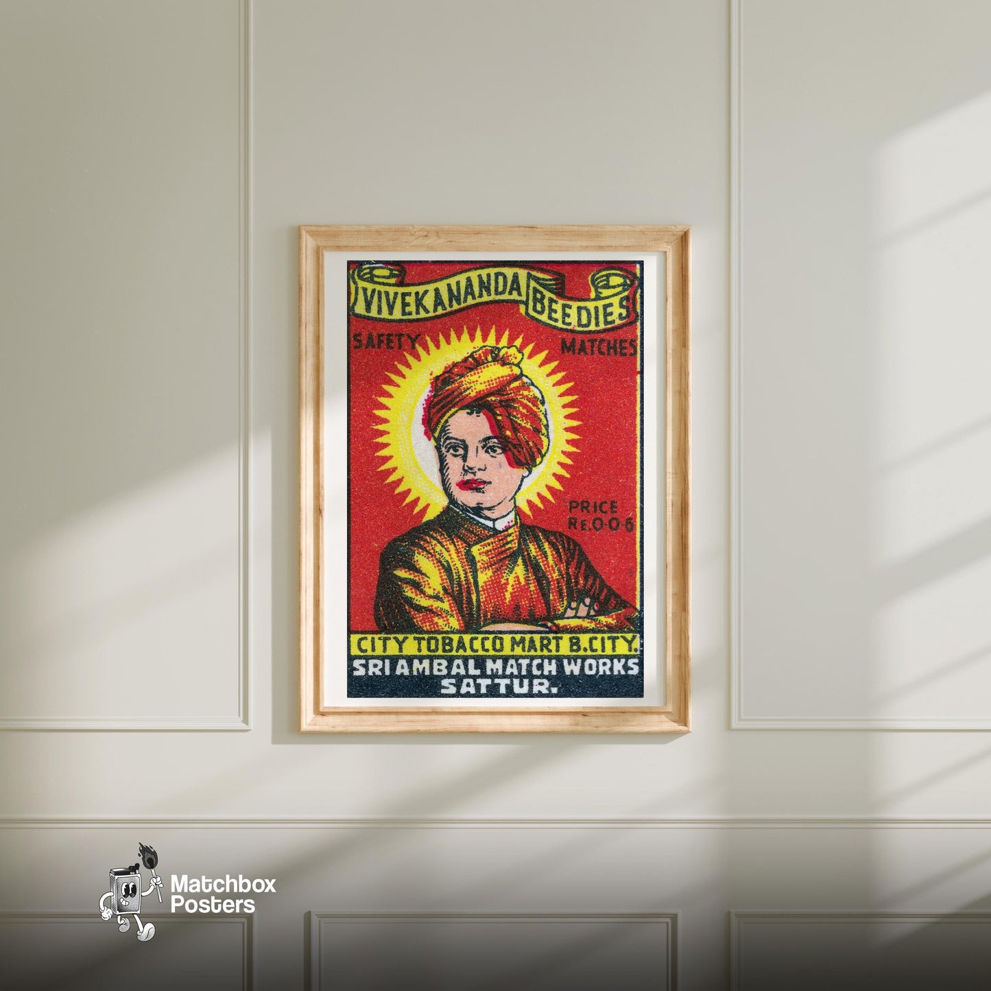 Man in Red Turban - vintage matchbox label print - bedroom mockup