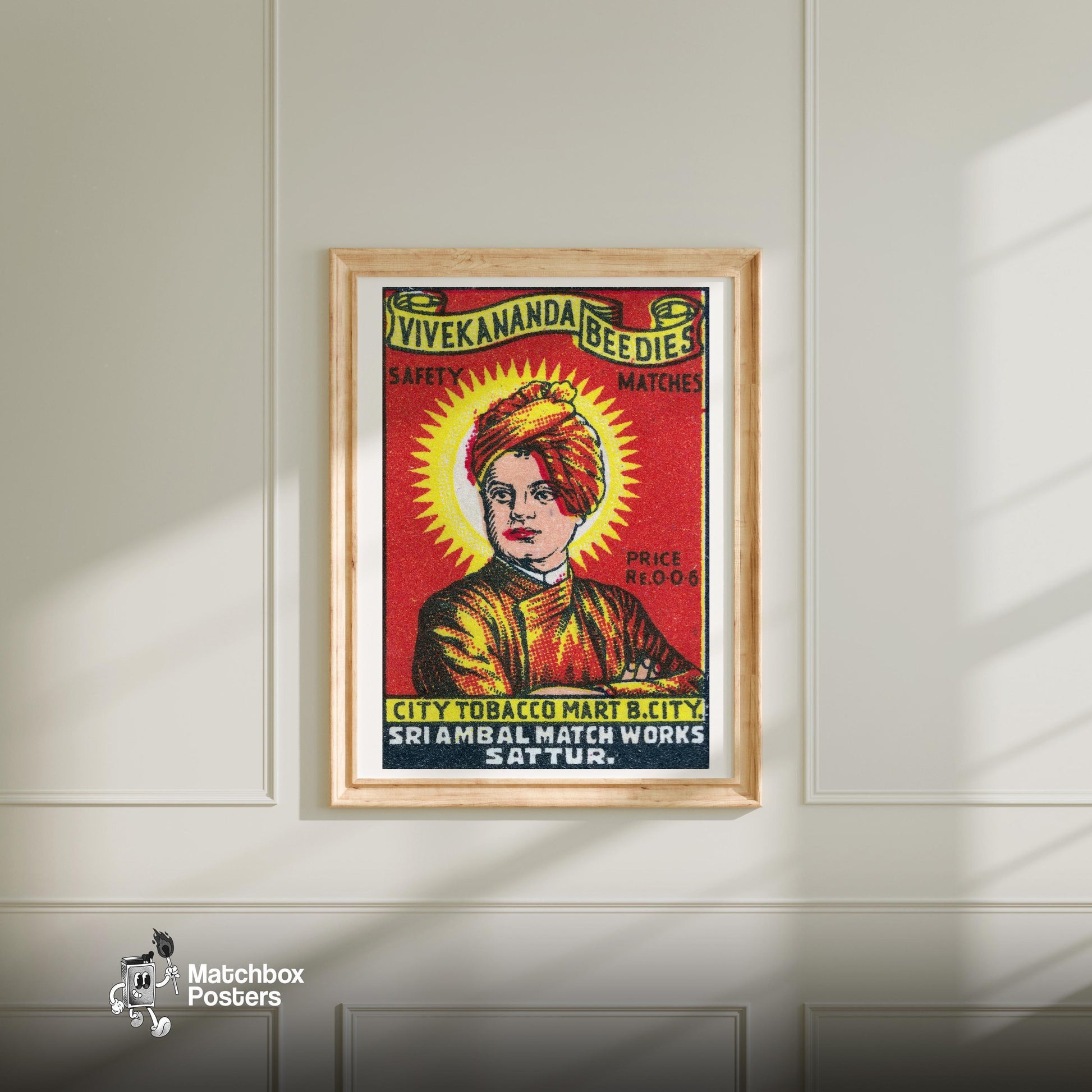 Man in Red Turban - vintage matchbox label print - bedroom mockup