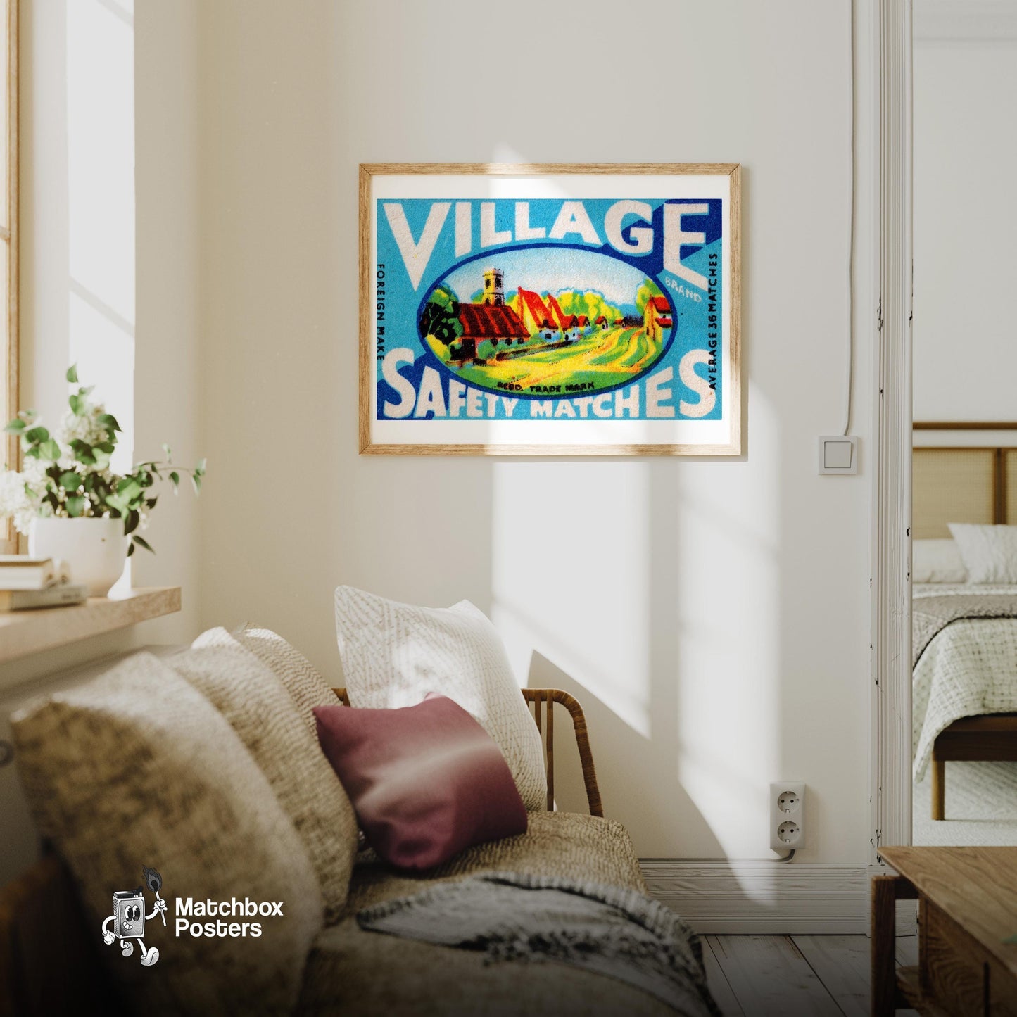 Countryside Village - vintage matchbox label print - living room mockup