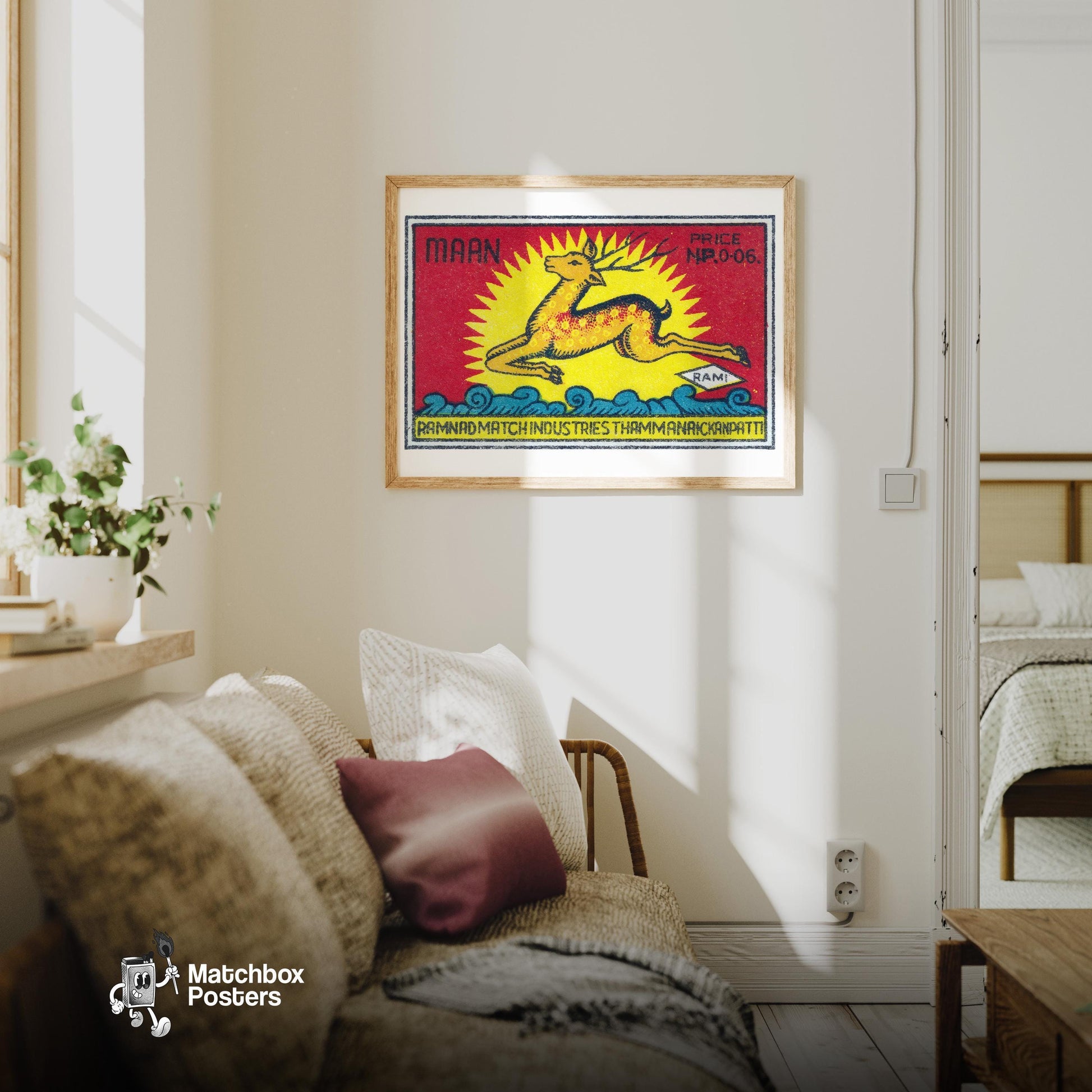 Leaping Deer - vintage matchbox label print - living room mockup