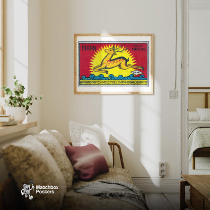 Leaping Deer - vintage matchbox label print - living room mockup