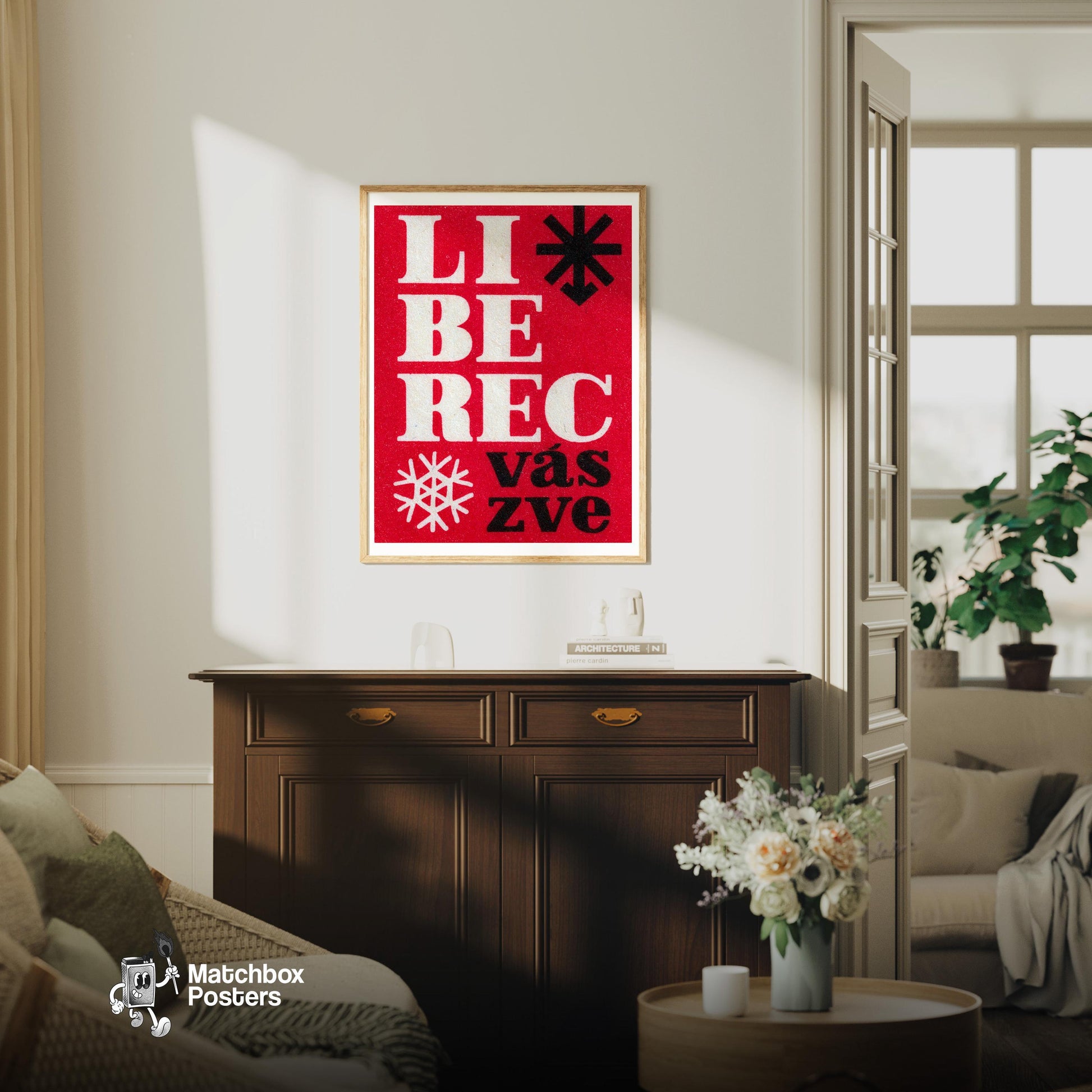 Librec Invites You - vintage matchbox label print - living room mockup
