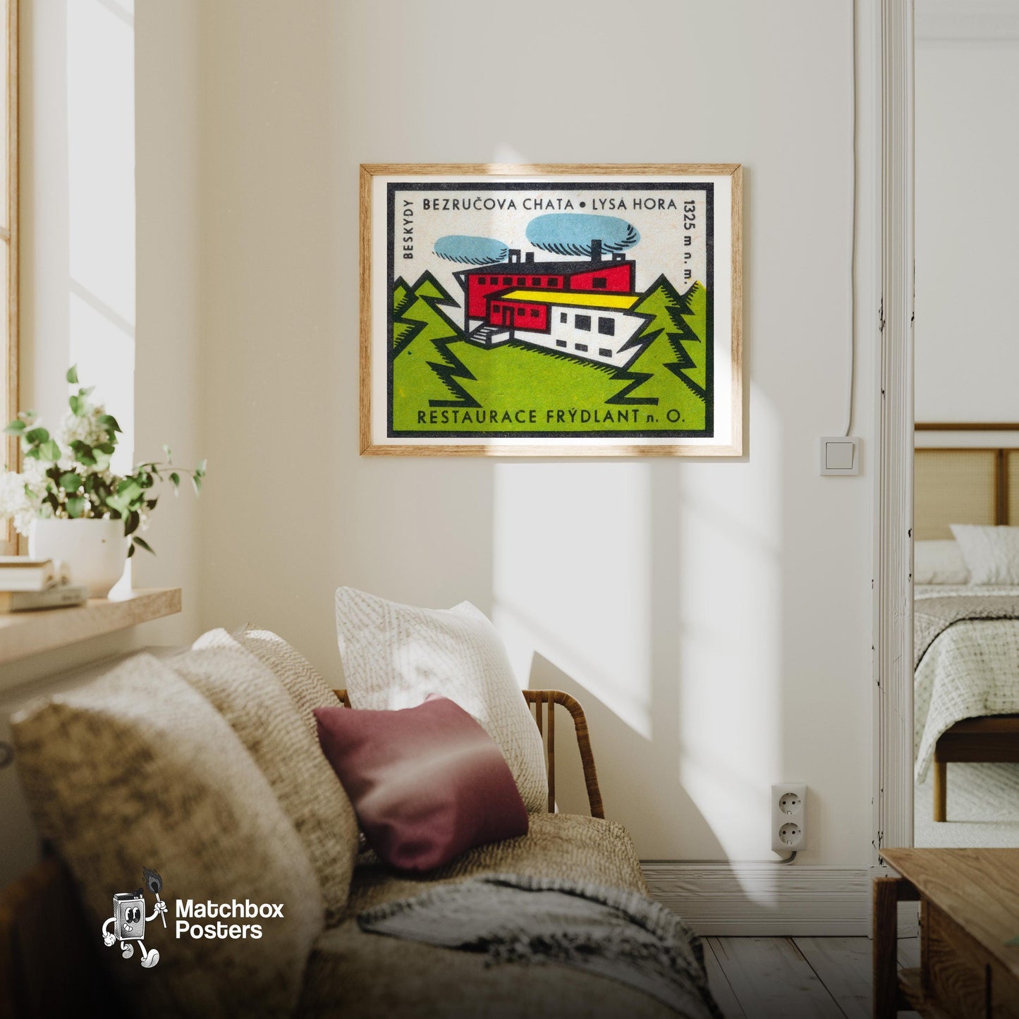 Factory in the Forest - vintage matchbox label print - living room mockup