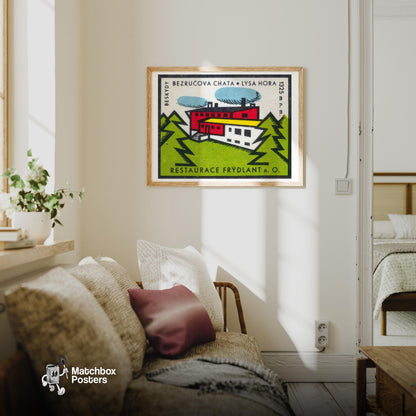 Factory in the Forest - vintage matchbox label print - living room mockup