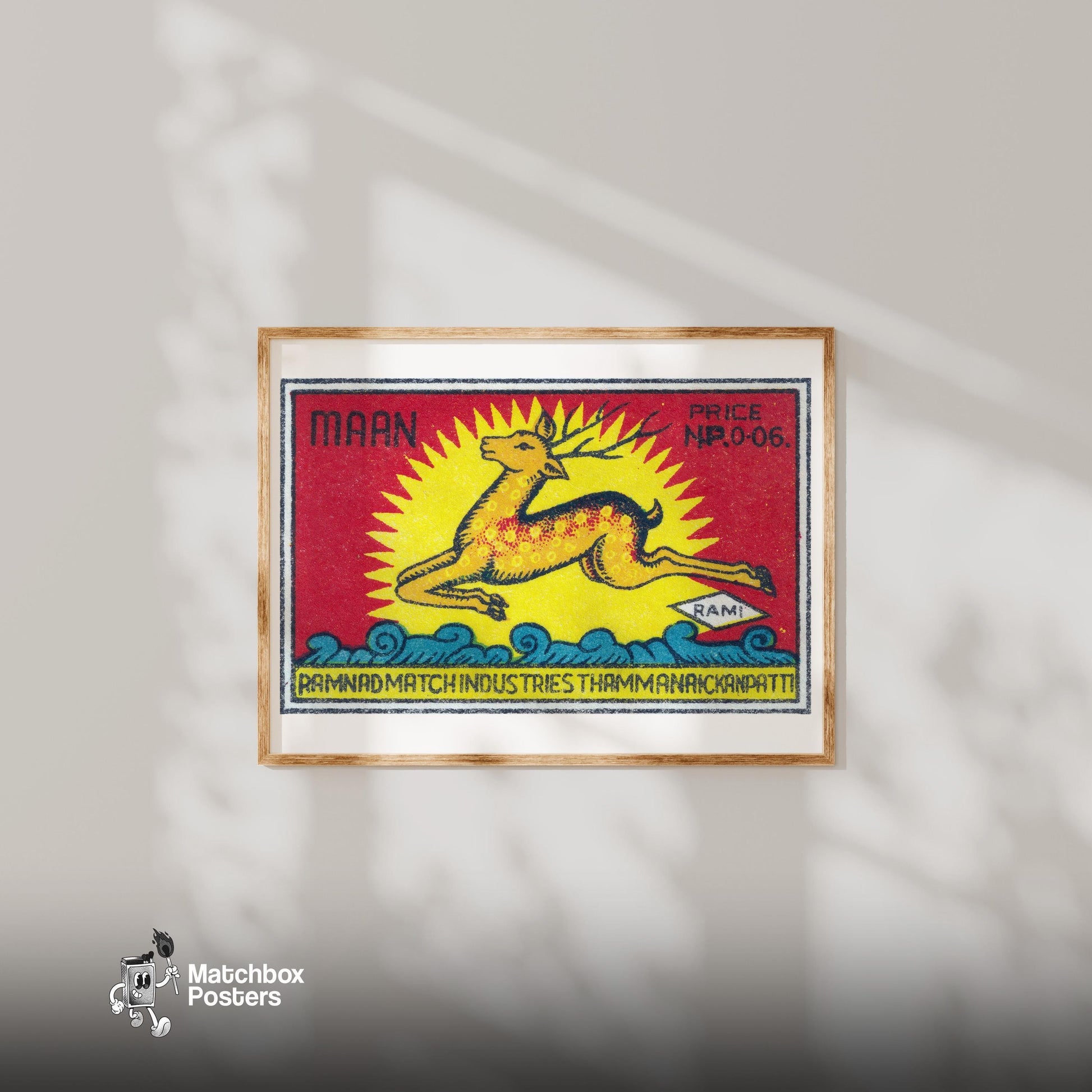 Leaping Deer - vintage matchbox label print - bedroom mockup