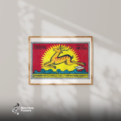 Leaping Deer - vintage matchbox label print - bedroom mockup