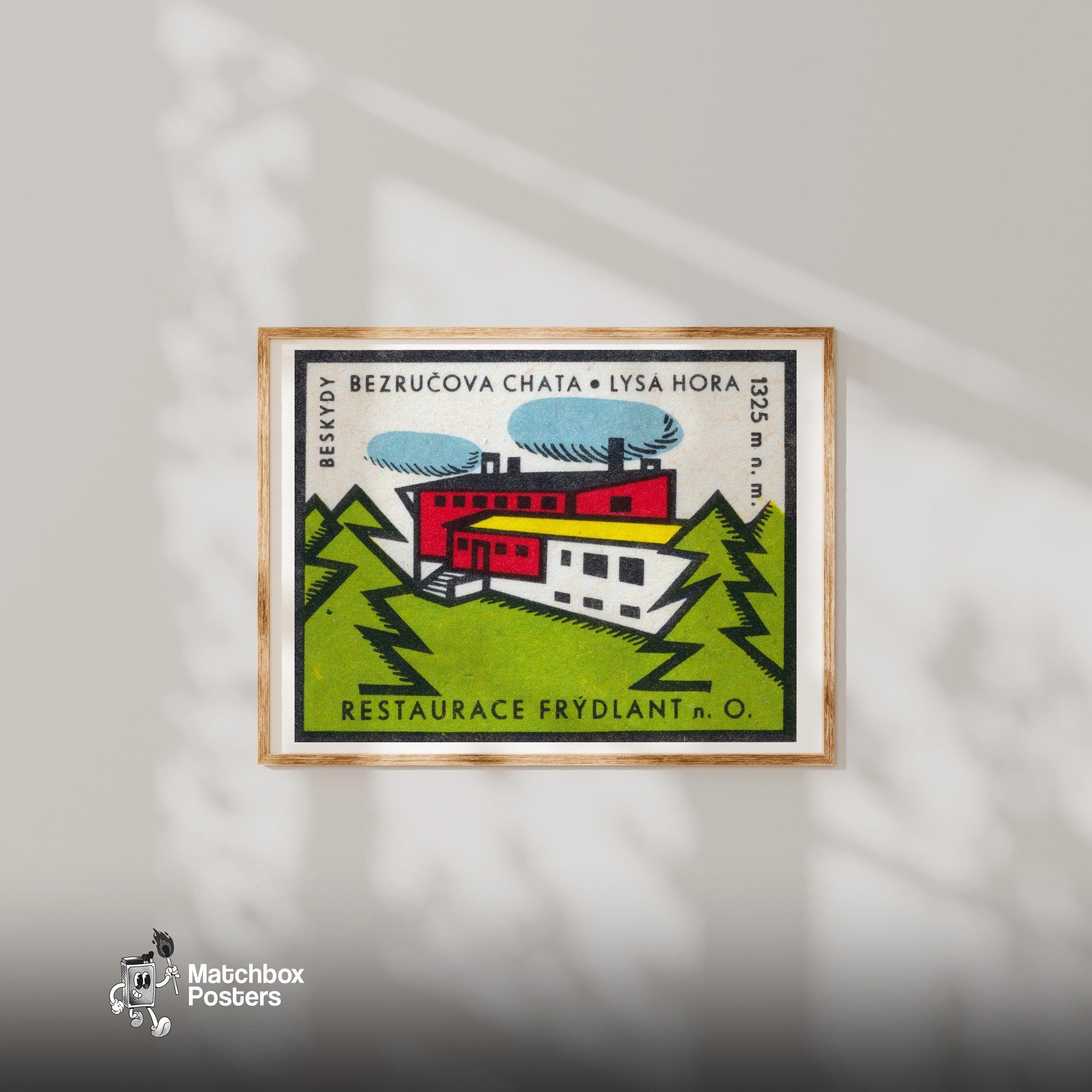 Factory in the Forest - vintage matchbox label print - bedroom mockup