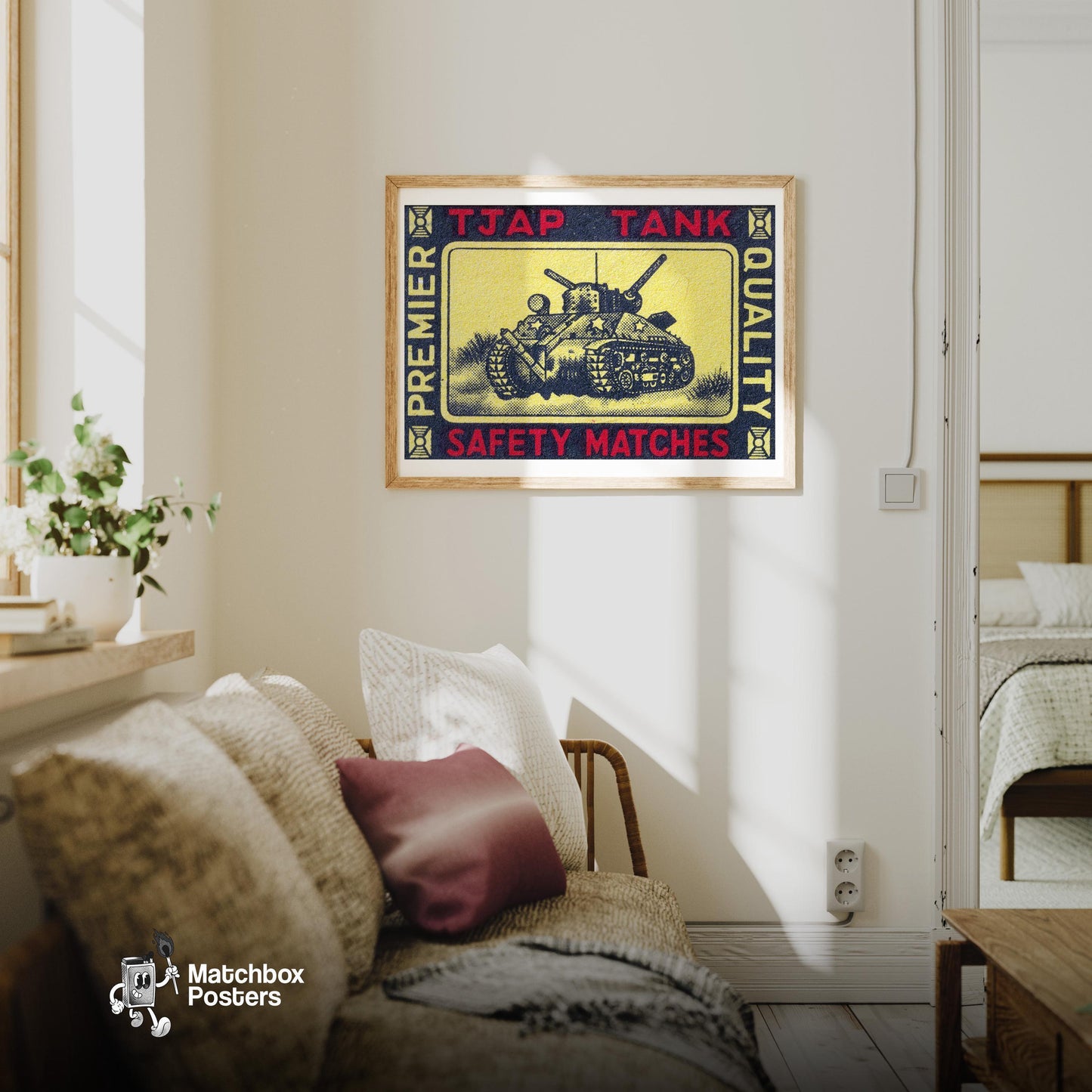 Army Tank - vintage matchbox label print - living room mockup
