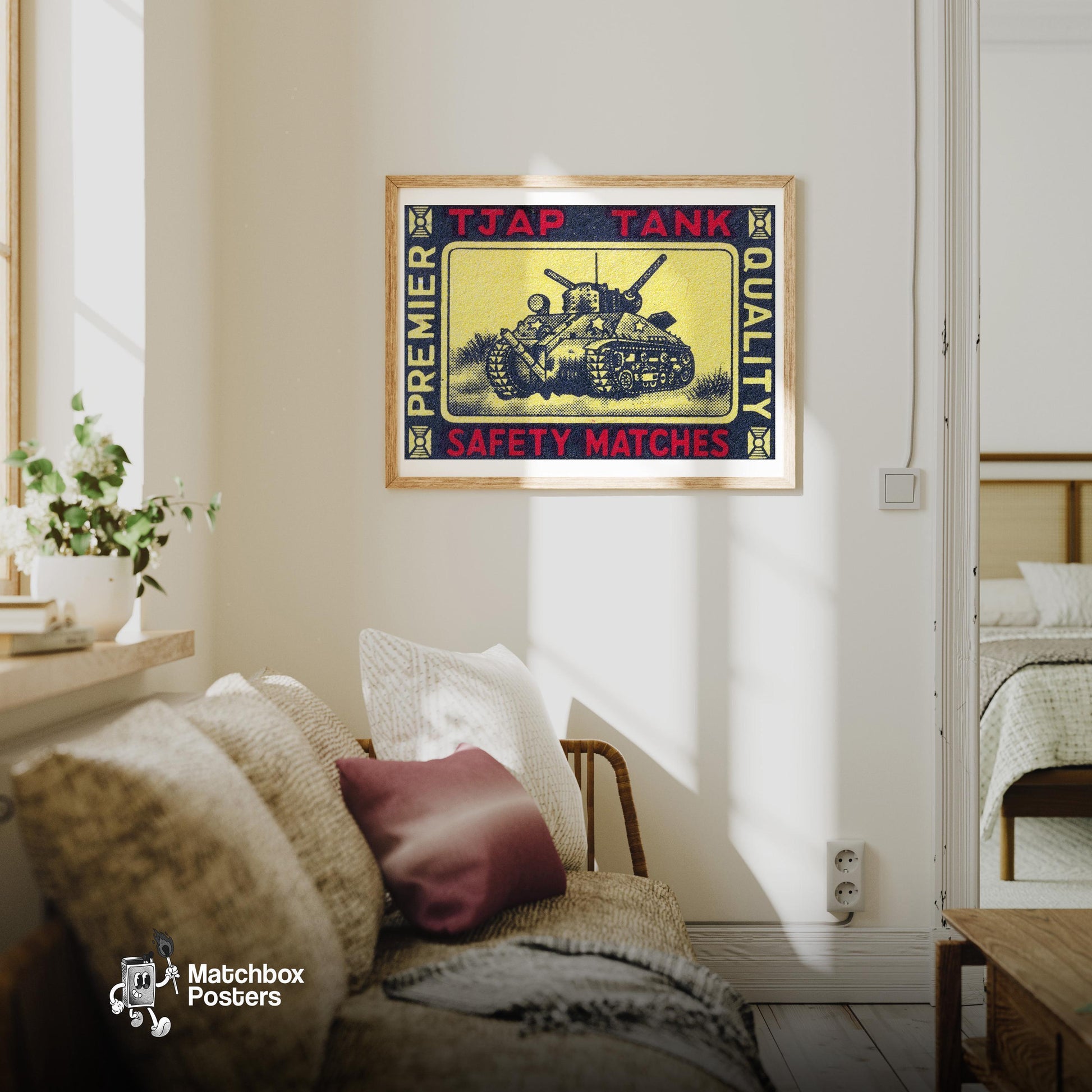 Army Tank - vintage matchbox label print - living room mockup