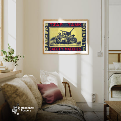 Army Tank - vintage matchbox label print - living room mockup