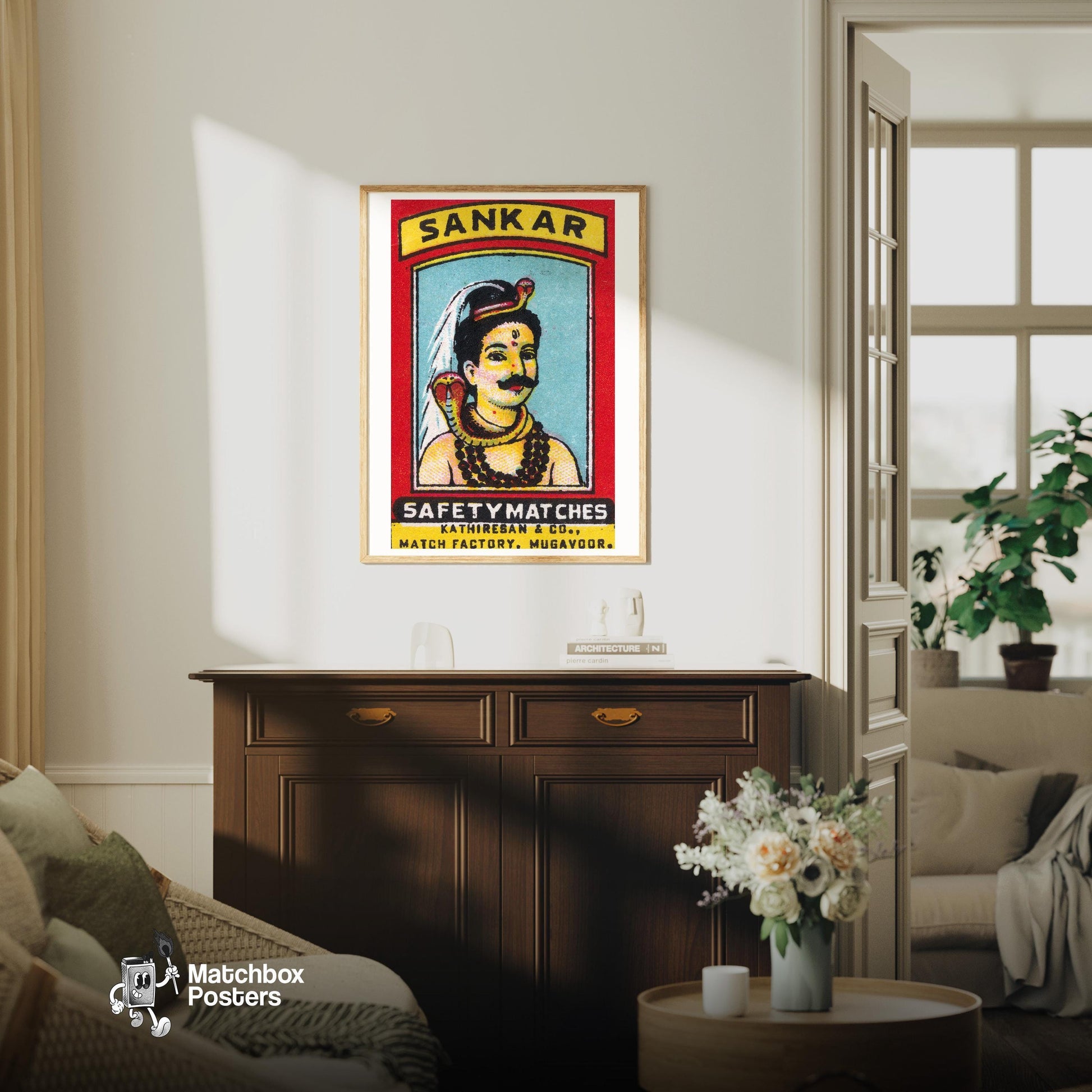 Mythological Figure with Snake - vintage matchbox label print - living room mockup