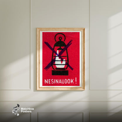 Broken Lantern Danger! - vintage matchbox label print - bedroom mockup