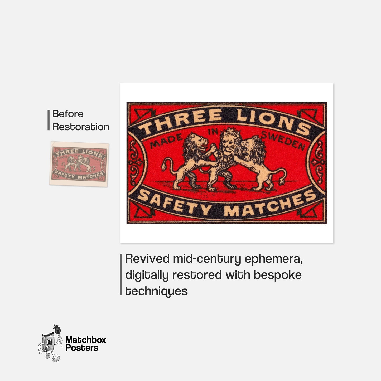 Three Lions - vintage matchbox label print - framed wall art preview
