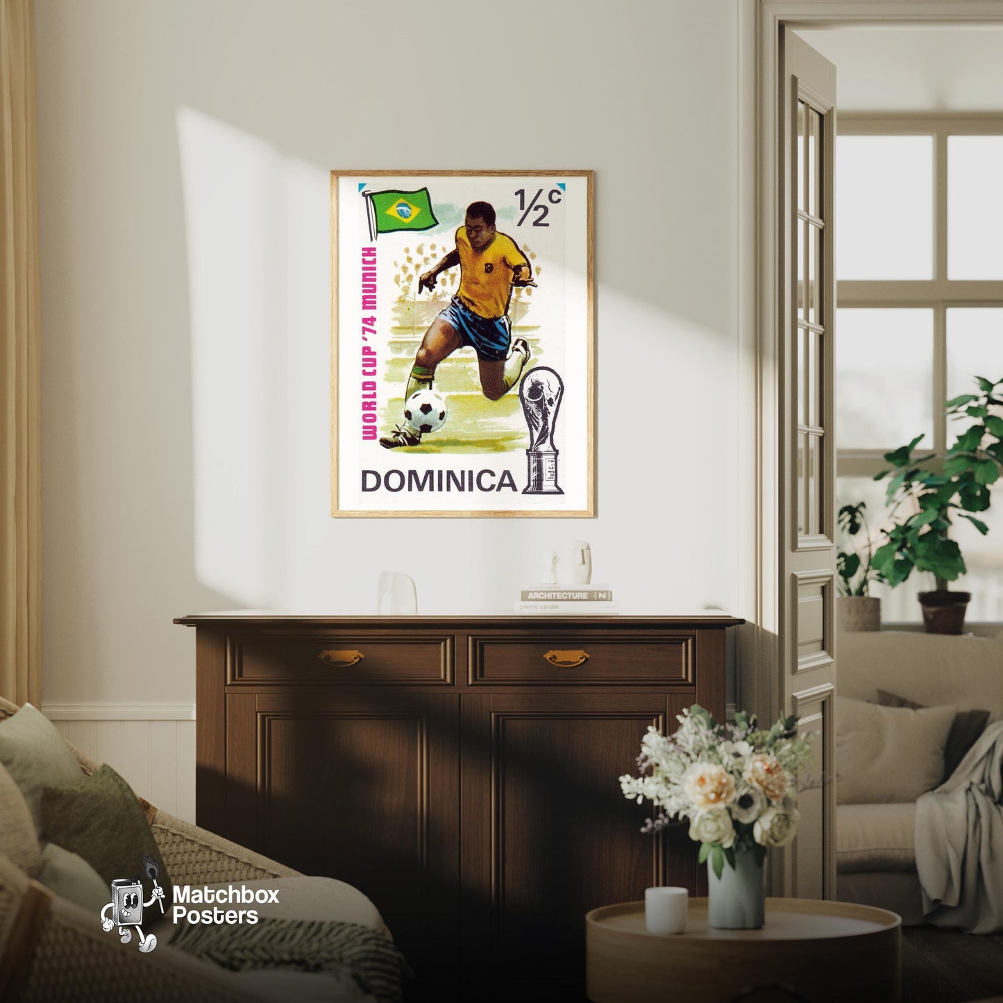 Football Player - vintage matchbox label print - living room mockup