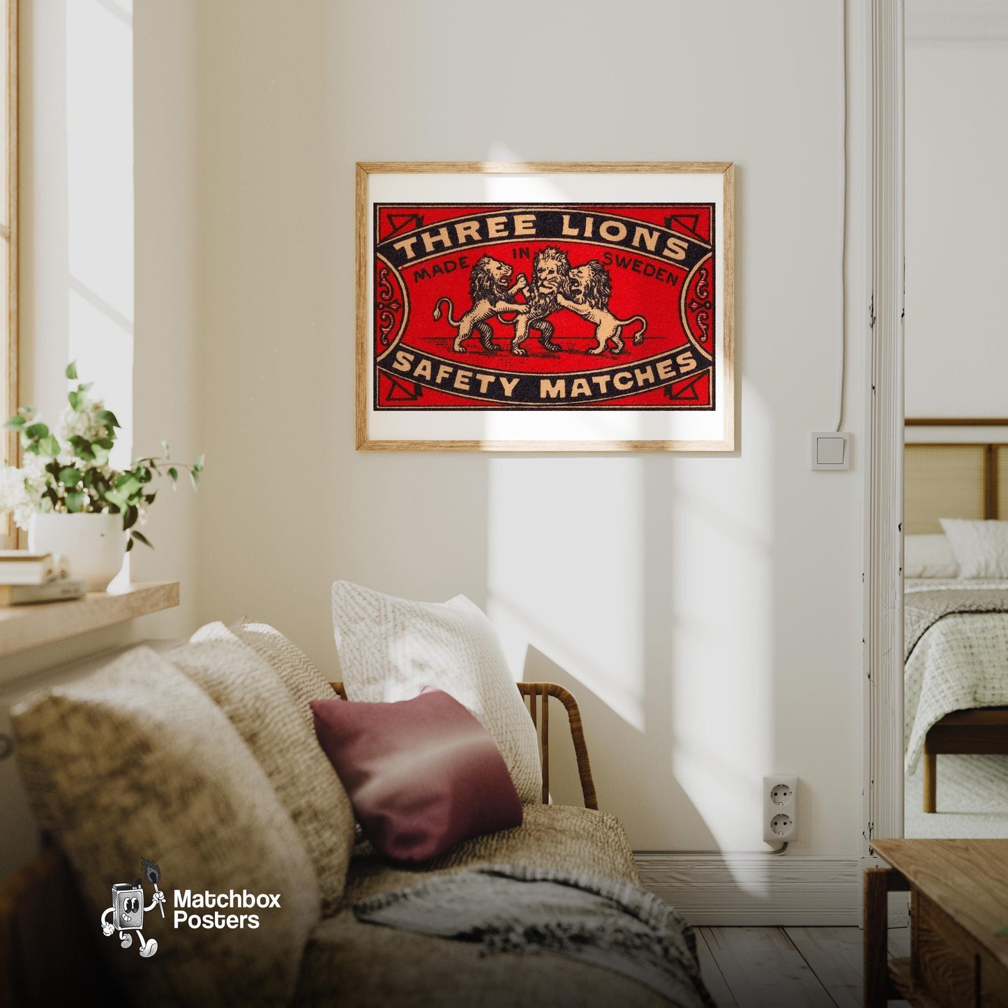 Three Lions - vintage matchbox label print - living room mockup