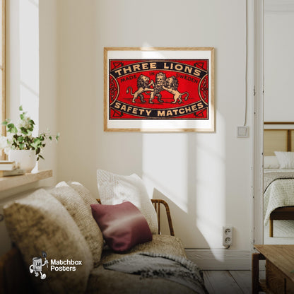 Three Lions - vintage matchbox label print - living room mockup