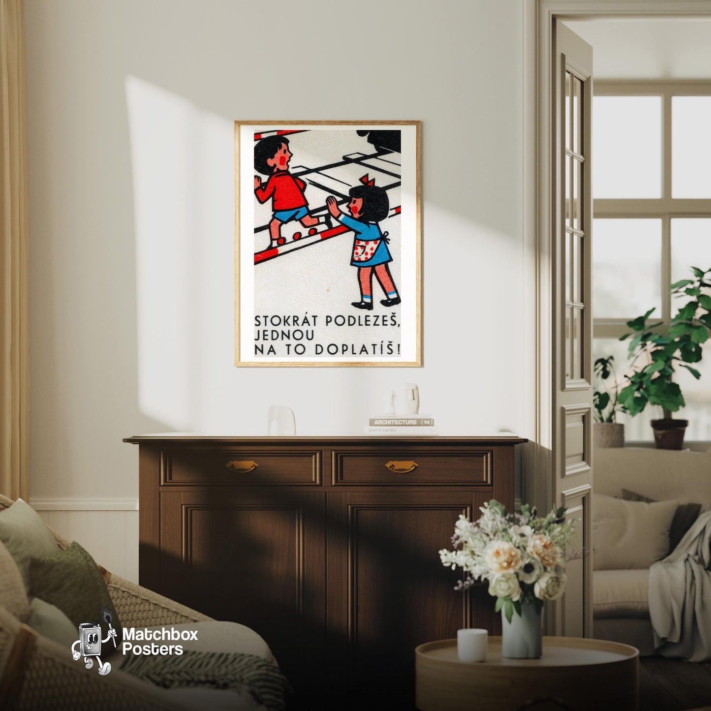 Children Climbing Barrier - vintage matchbox label print - living room mockup