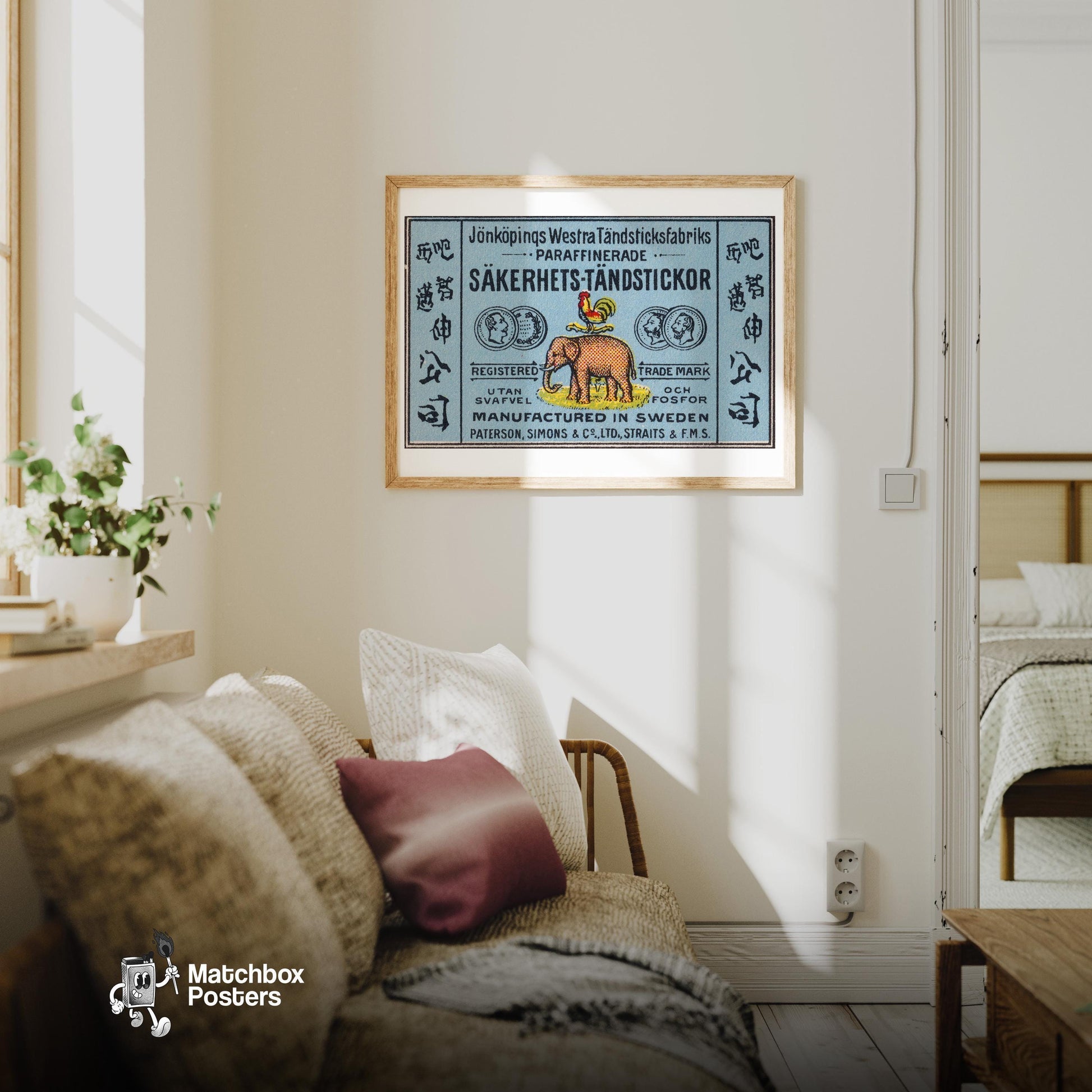 Rooster and Elephant - vintage matchbox label print - living room mockup