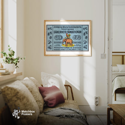 Rooster and Elephant - vintage matchbox label print - living room mockup