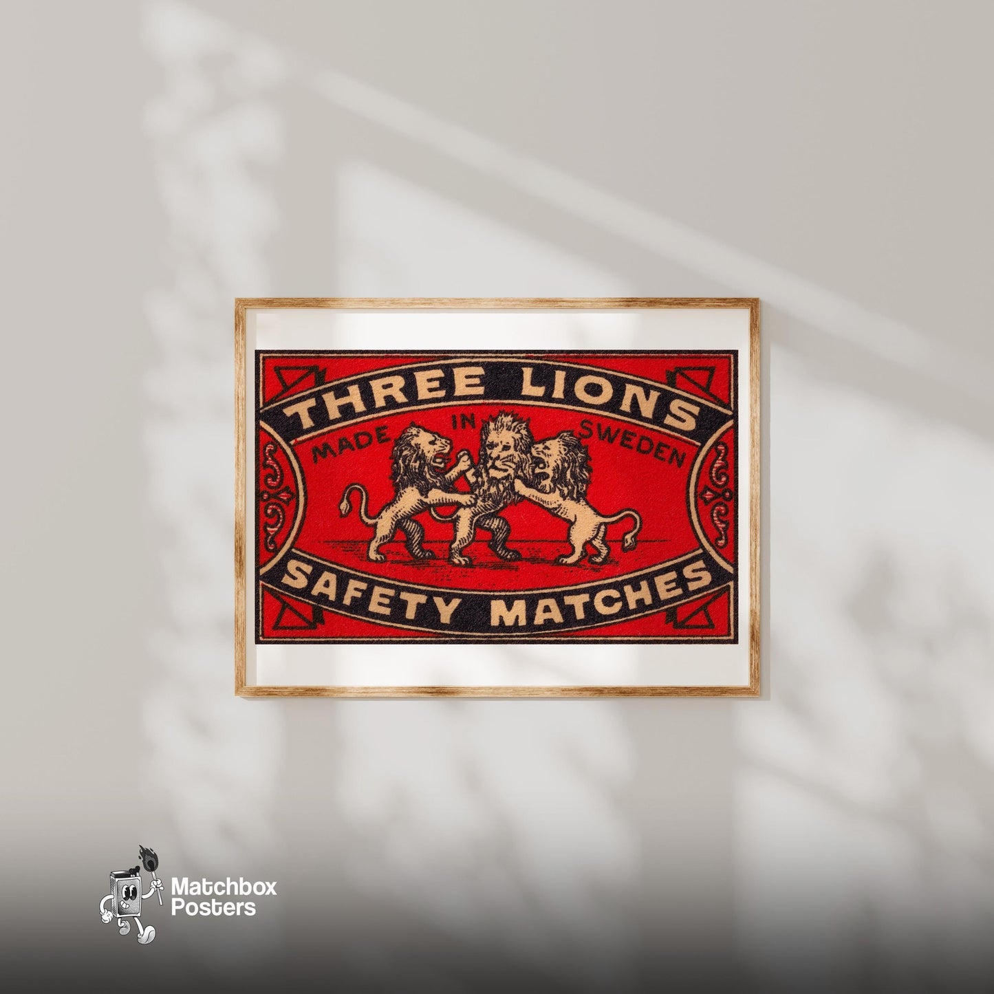 Three Lions - vintage matchbox label print - bedroom mockup