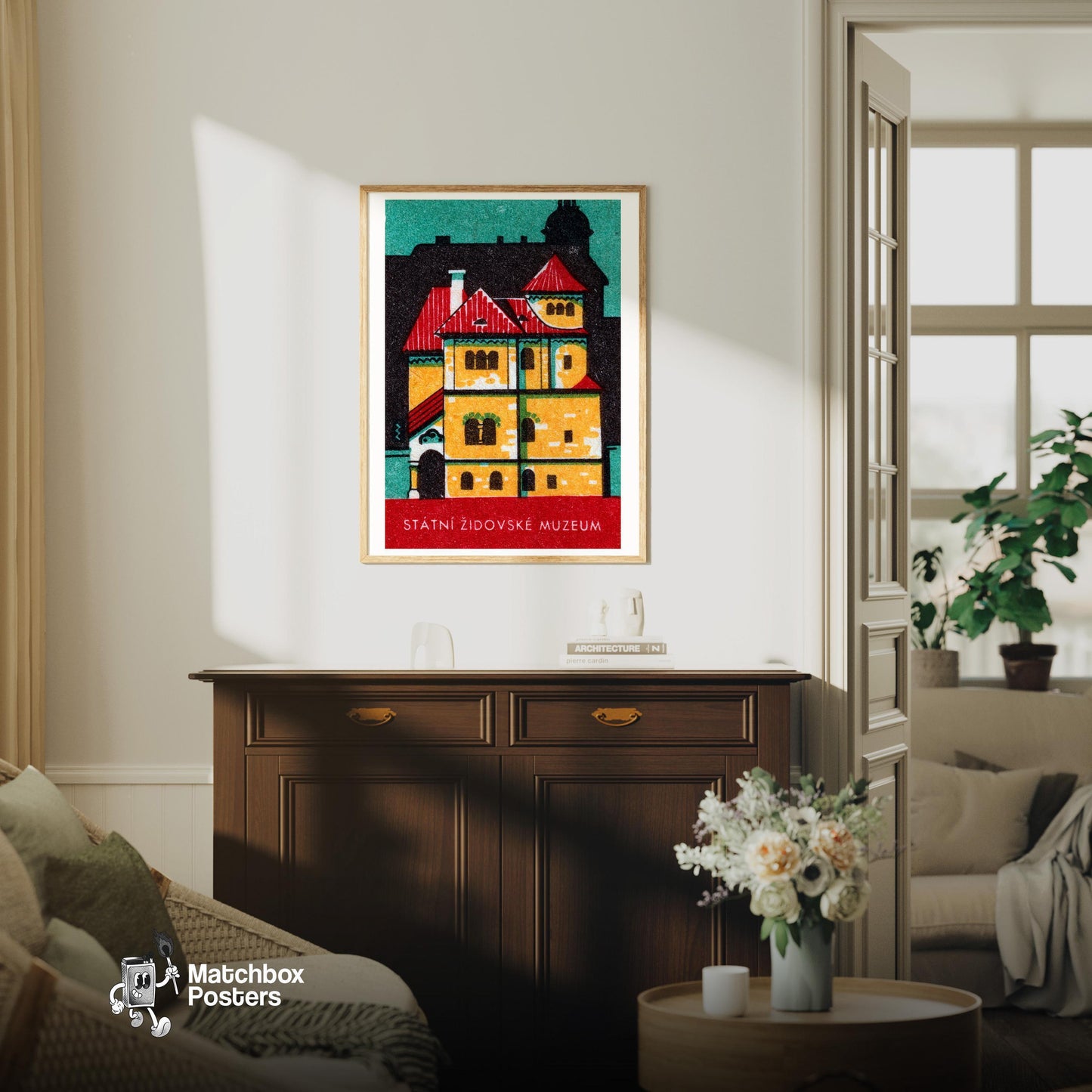 Stylized Building - vintage matchbox label print - living room mockup
