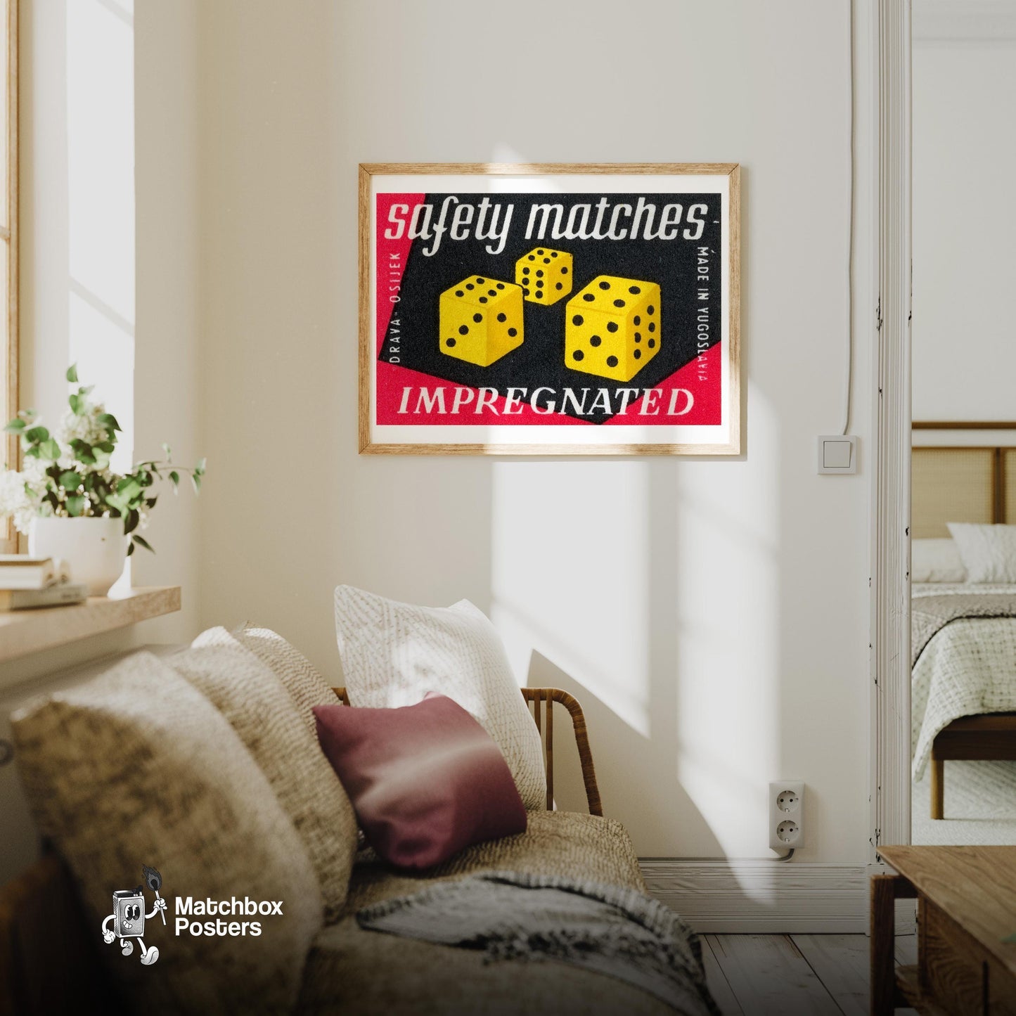 Dice - vintage matchbox label print - living room mockup