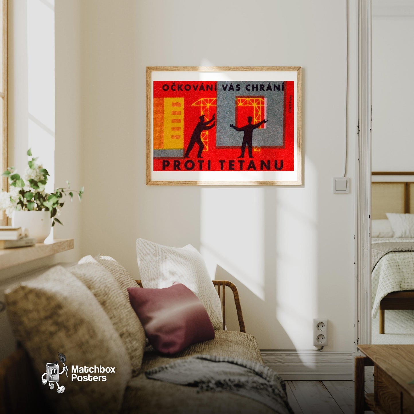 Two Silhouetted Figures Interacting - vintage matchbox label print - living room mockup