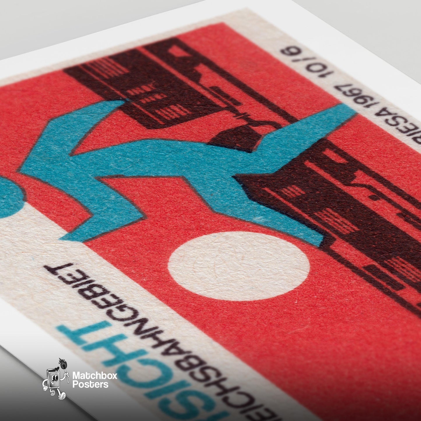 Train with Warning Figure - vintage matchbox label print - close-up detail