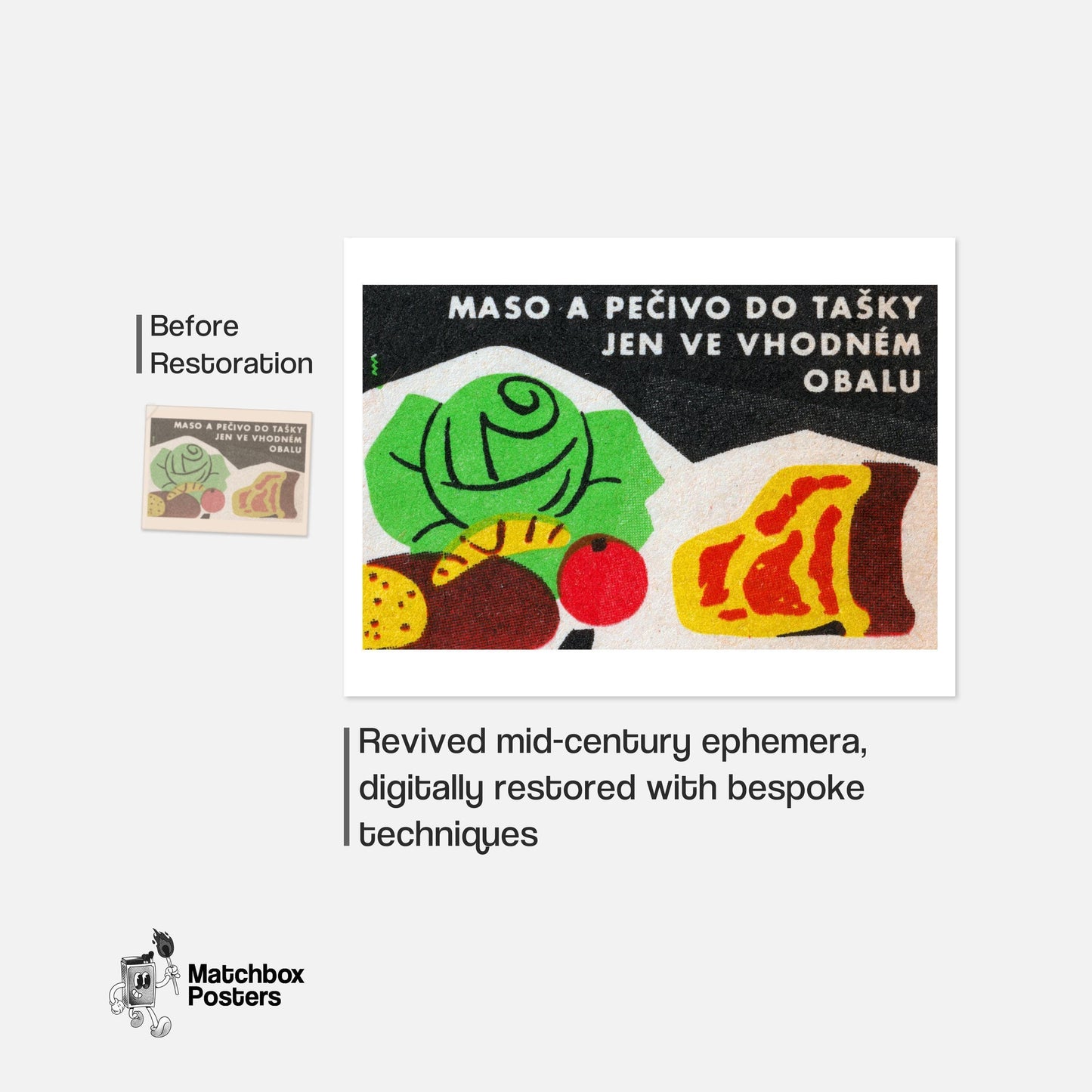 Cabbage and Meat - vintage matchbox label print - framed wall art preview